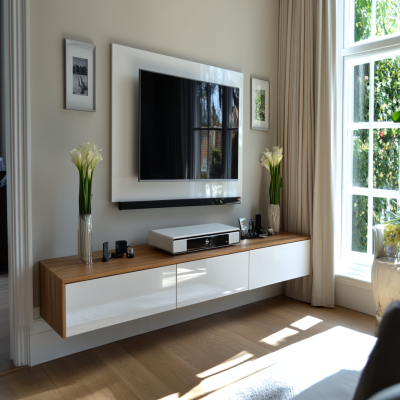 Modern White And Wood TV Unit Design With Floating White TV Console