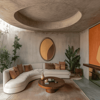 Mid Century Modern Concrete and Gypsum Round False Ceiling Design