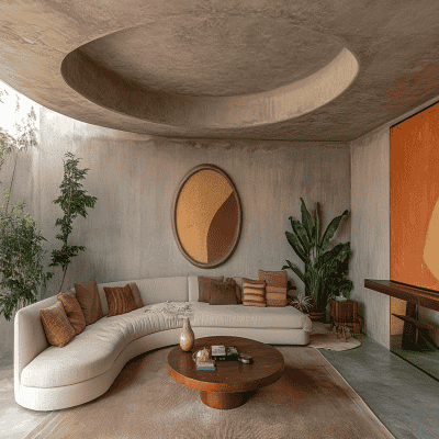 Mid Century Modern Concrete and Gypsum Round False Ceiling Design