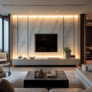 Minimal Wall-Mounted Frosty White TV Unit Design with a Marble Wall