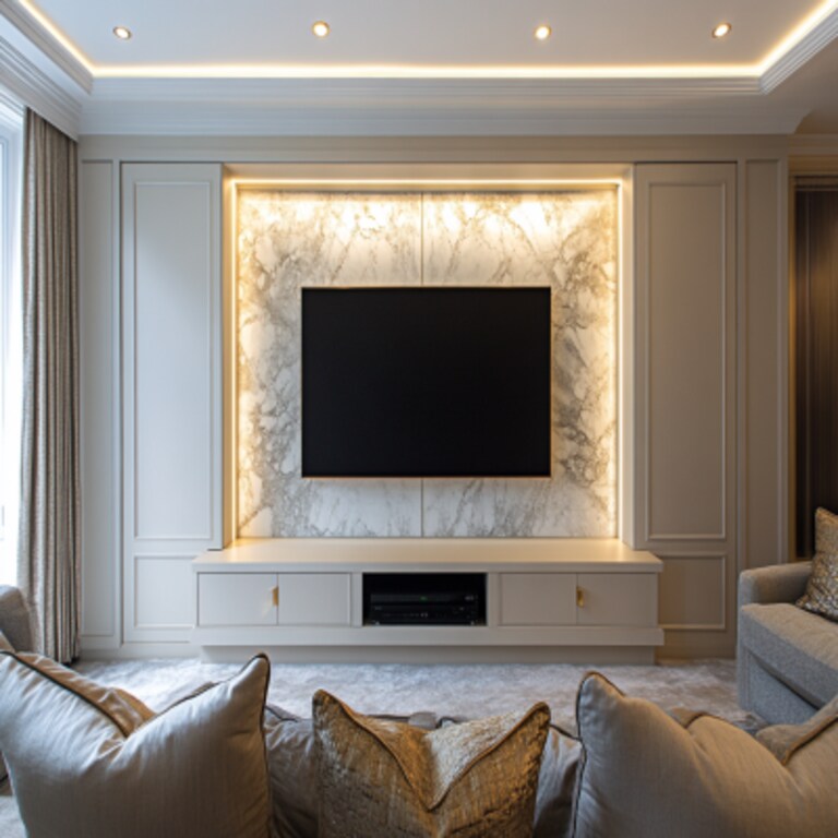 Contemporary Cream-Toned Wall-Mounted TV Cabinet Design with Marble Back Panel and Grooves