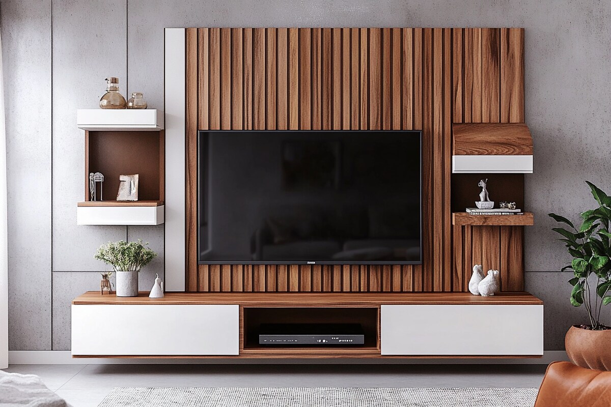 Contemporary Frosty White TV Unit Design With Wooden Panel And Vertical Grooves