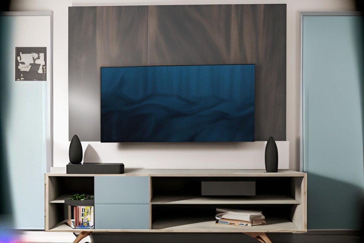 Modern TV Unit Design in Grey and Blue Laminate Modern TV Unit Design in Grey and Blue Laminate