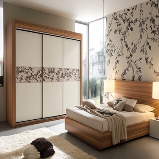 Modern Master Bedroom Design With 2-Door Sliding Wardrobe With Floral Wallpaper