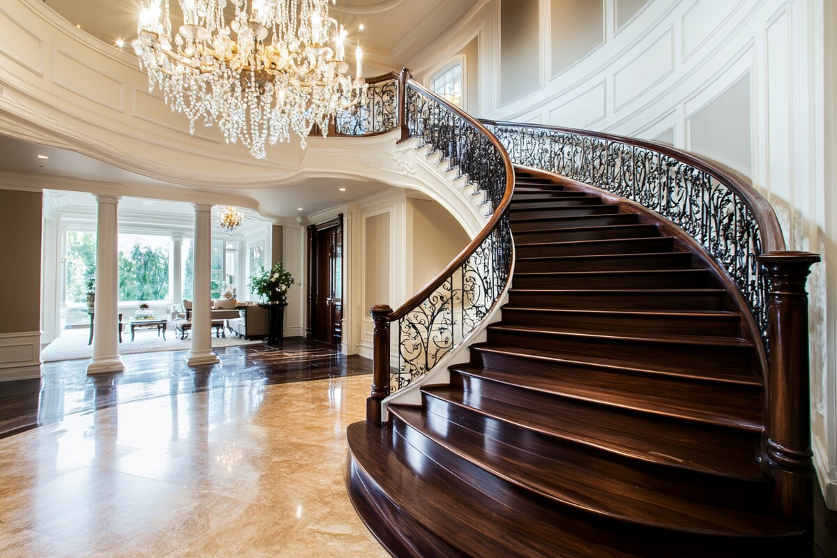 Classic Curved Staircase Design with Rich Wooden Finish Classic Curved Staircase Design with Rich Wooden Finish