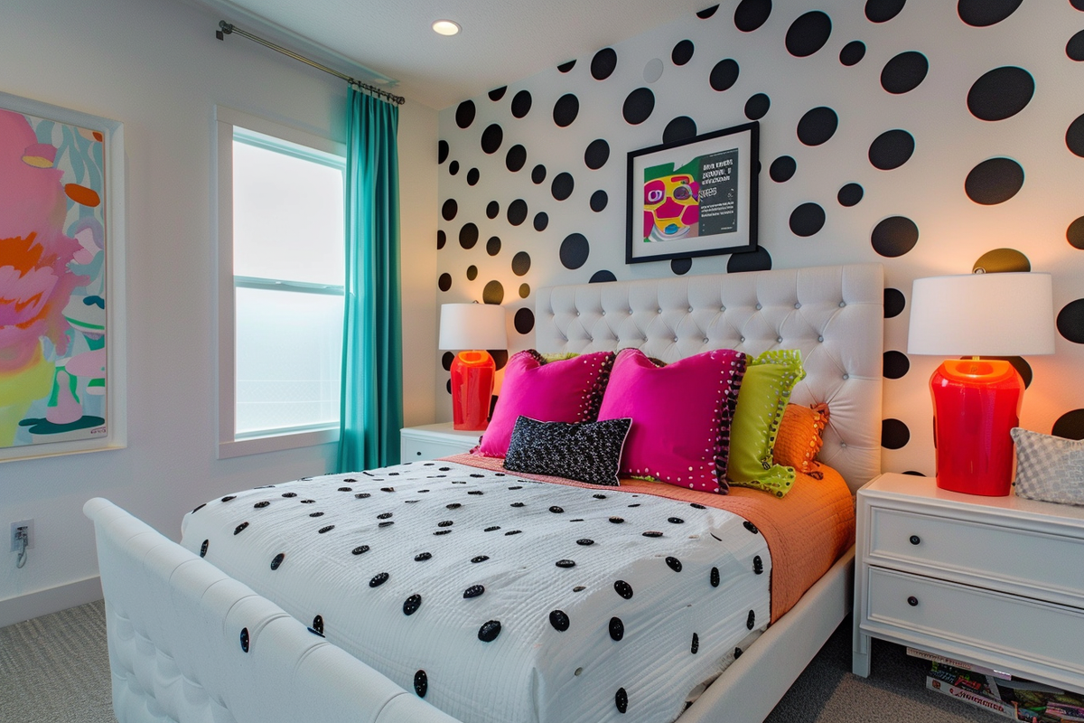 Modern Kids Bedroom Design With Black And White Polka-Dot Wallpaper