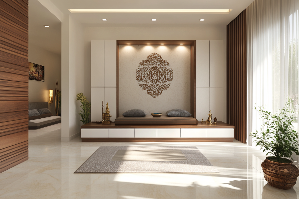 Modern White And Wood Mandir Design With Floor-Mounted 5-Door Cabinet Storage