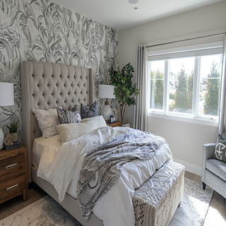 Contemporary Master Bedroom With Grey And White Leafy Wallpaper