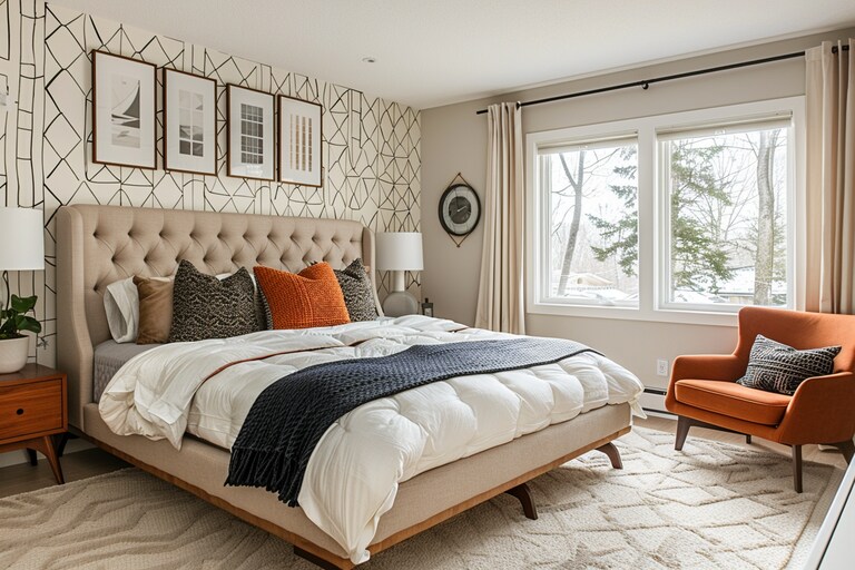 Modern Bedroom Design With Geometric White And Brown Weave-Patterned