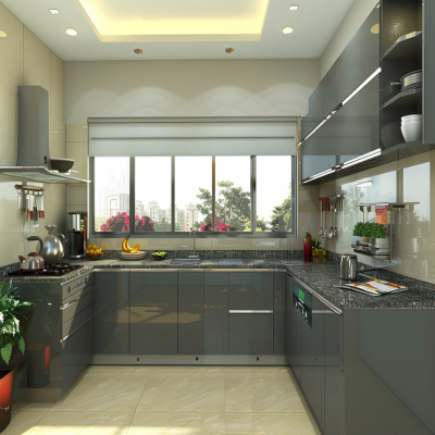 Modern U-Shaped Smoke Grey Modular Kitchen Design
