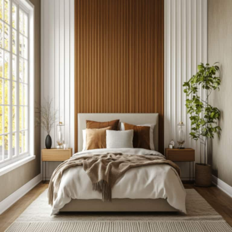 Contemporary Bedroom Wall Design With White Trims And Wooden Fluted Panelling