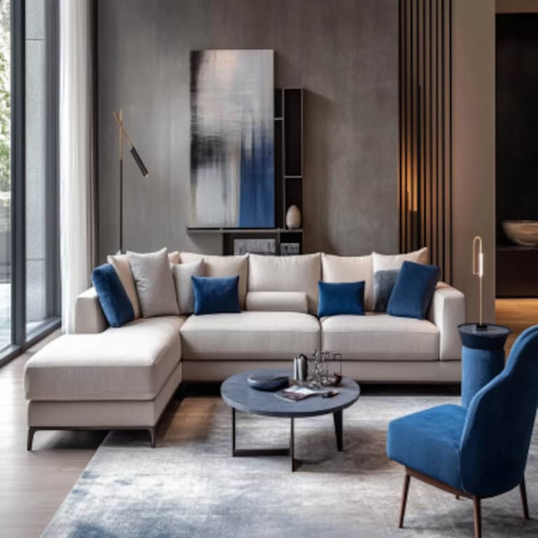 Contemporary Living Room Design With Beige L-Shaped Sofa And Blue Accent Chairs