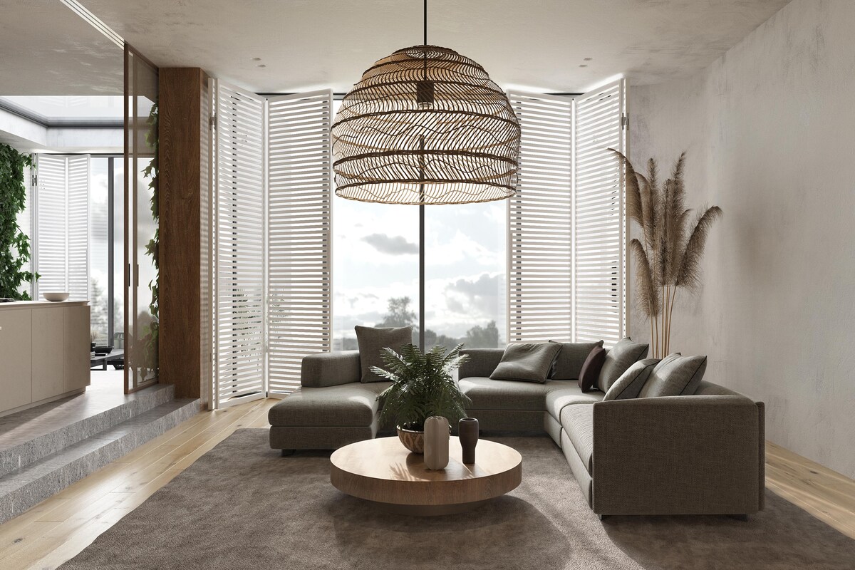 Airy Living Room Design Featuring Staw Rattan Chandelier and White Shutter Doors Airy Living Room Design Featuring Staw Rattan Chandelier and White Shutter Doors