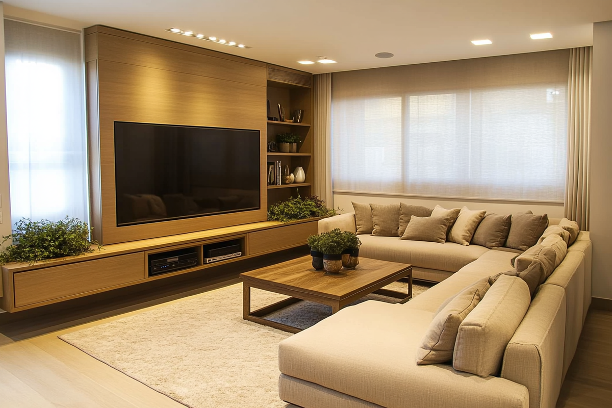 Minimal Beige Living Room Design With Beige Sectional Sofa And Wooden TV Console