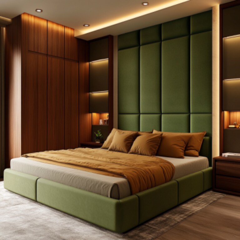 Contemporary Master Bedroom Design With Green Bed and Storage