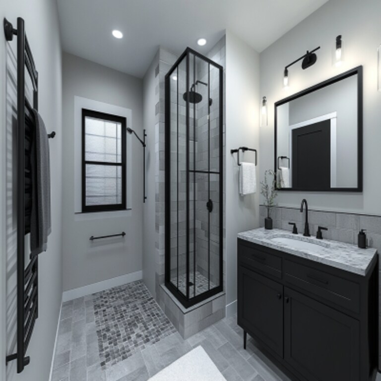 Modern Black And Grey Small Bathroom Ideas With Black-Framed Partition