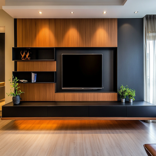 Modern Wood And Black Floating TV Unit Design With Black Wall-Mounted Shelves