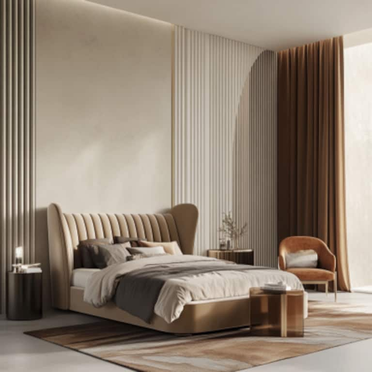 Contemporary Master Bedroom Design With Wingback Bed and Fluted Wall