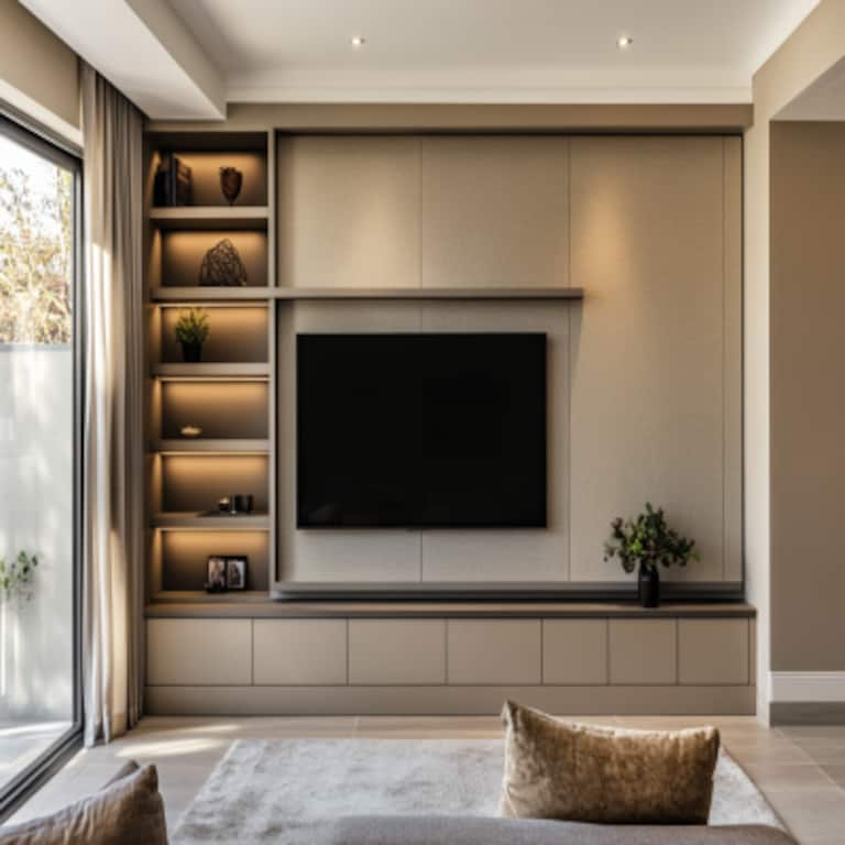 Modern Champagne TV Unit Design with Floor-Mounted Cabinet and Drawer Storage