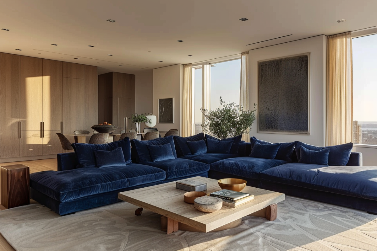 Contemporary Living Room Design With Blue Velvet Sectional Sofa And Beige-White Wall