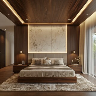 Contemporary Floor-To-Ceiling Bedroom False Ceiling Design With Wooden Panel