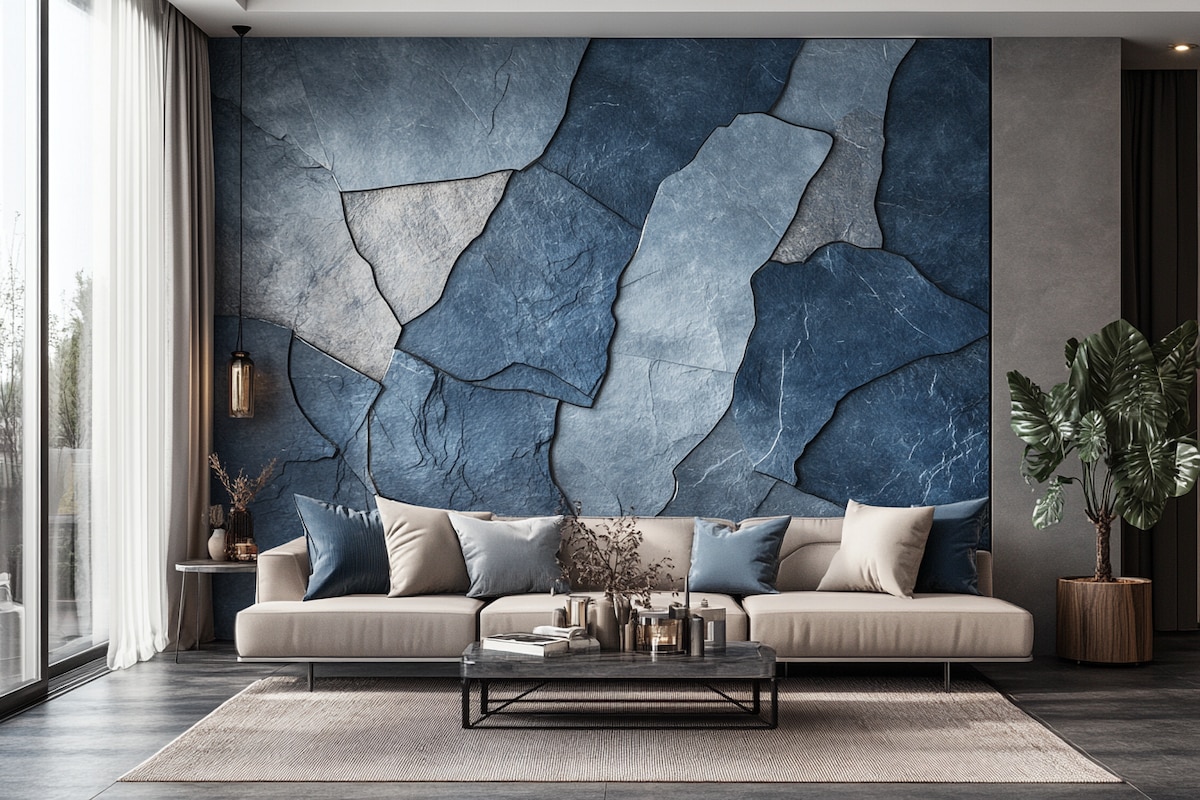 Modern Living Room Wall Design With Blue Stone Cladding