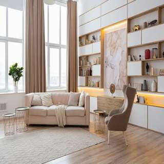 Well Lit Open View Living Room Design With Open Cabinets And Large Windows