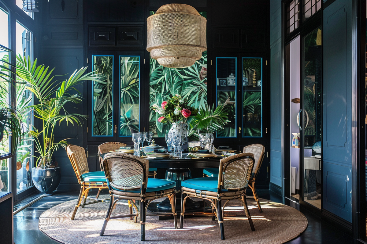 Tropical Black And Blue 6-Seater Round Dining Room Design