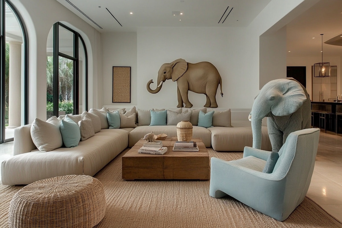 Modern Living Room Design With L Shaped Beige And Light Blue Sofa Set And Elephant-Themed Accent Chair