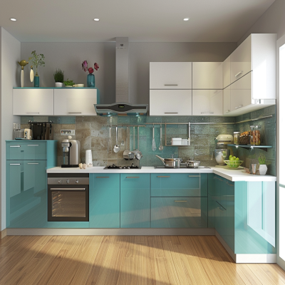Modern Modular L-Shaped Kitchen Design With Caribe Base Kitchen Cabinets