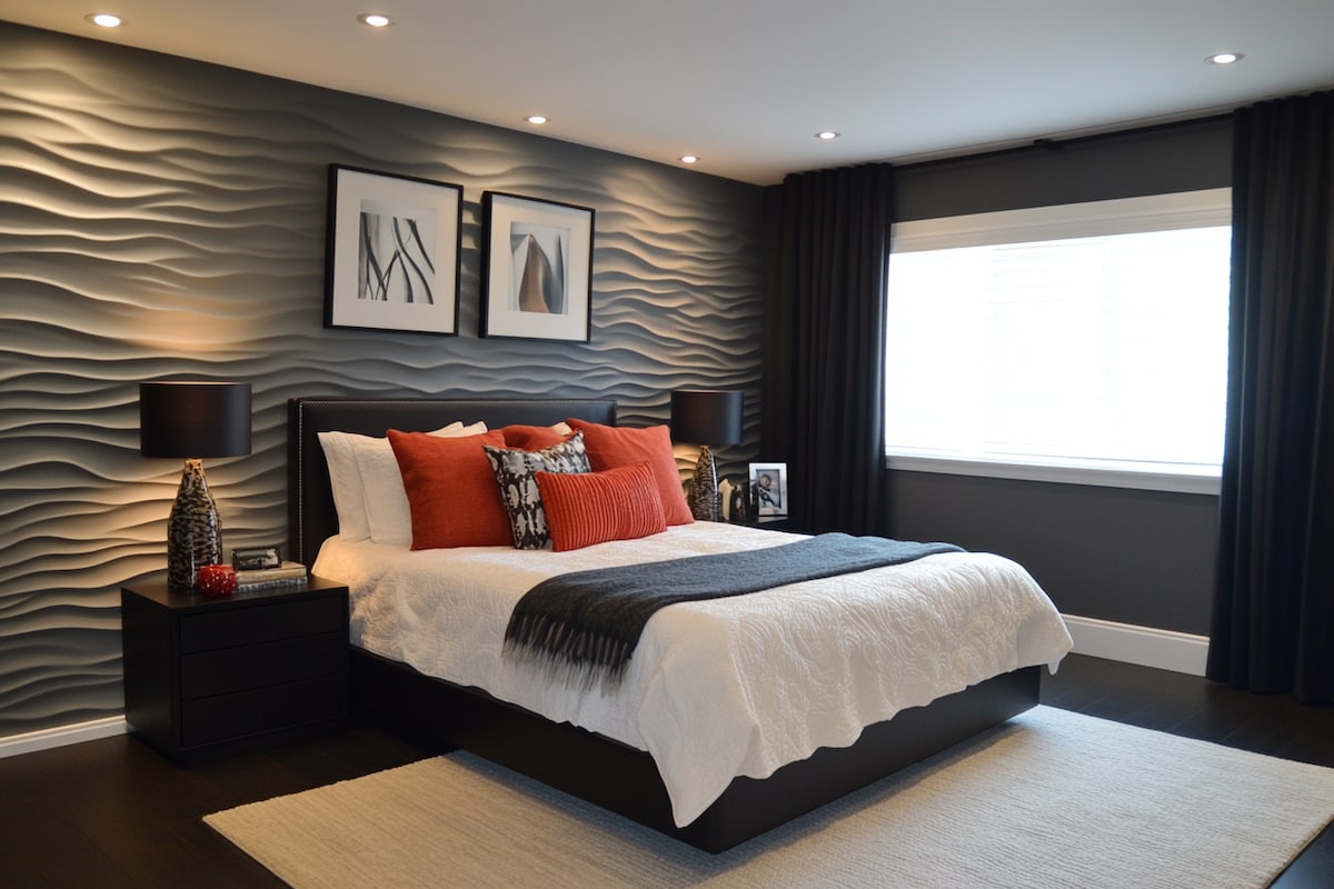 Modern Grey Bedroom Wall Design With 3D Wall Panelling