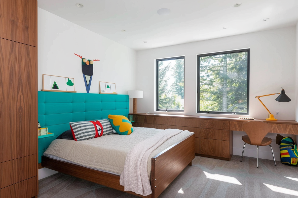 Modern Kids Room Design With Wooden Bed And L-Shaped Teal Headboard