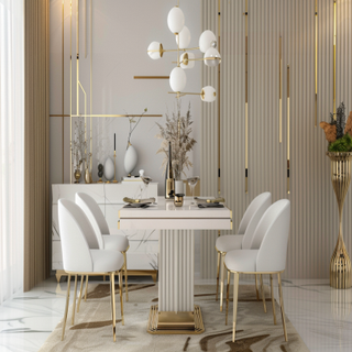 Contemporary 4-Seater White And Beige Dining Room Design With Gold Wall Panelling