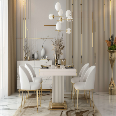 Contemporary 4-Seater White And Beige Dining Room Design With Gold Wall Panelling