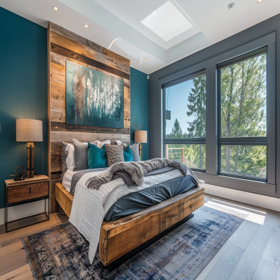 Modern Master Bedroom Design With Teal Blue Wall And Wooden Bed