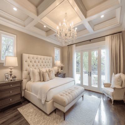 Classic White Coffered Bedroom False Ceiling Design With Chandelier