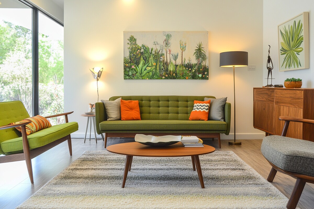 Mid-Century Living Room Design With Green and Grey Sofas