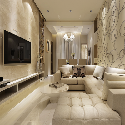 Modern Beige Living Room Design With Beige Patterned Wallpaper And Sectional Sofa