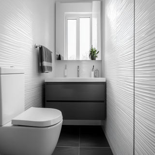 Modern White Bathroom Design With Dark Grey Wall-Mounted Vanity Unit And Dark Grey Textured Flooring