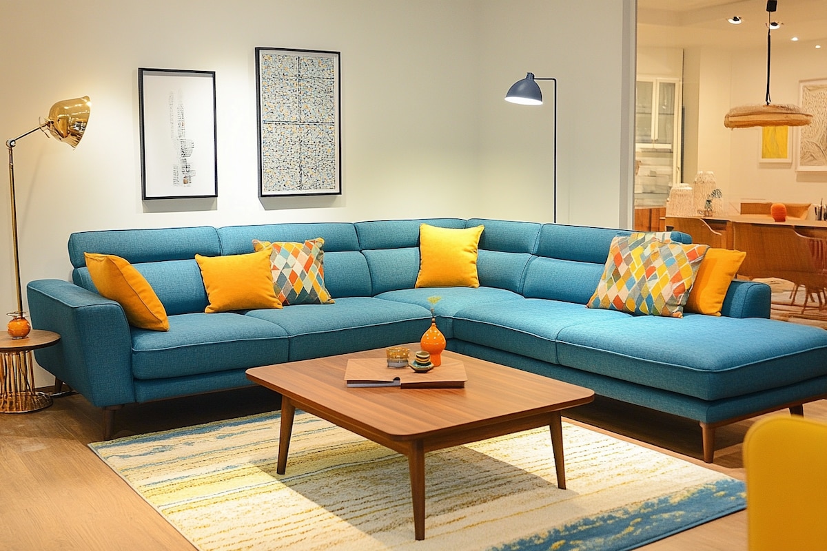 Contemporary Living Room Design With Blue L-Shaped Sofa And Yellow Cushions