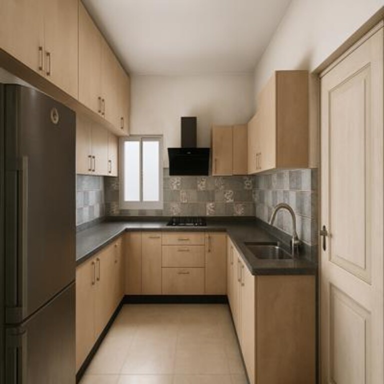 Warm Wood U Shaped Kitchen with Patterned Tile Backsplash Warm Wood U Shaped Kitchen with Patterned Tile Backsplash