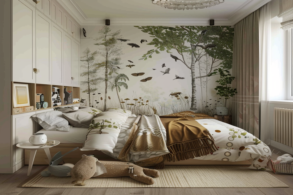 Scandinavian Kids Room Design With Nature-Themed Wallpaper And Dual-Toned Queen