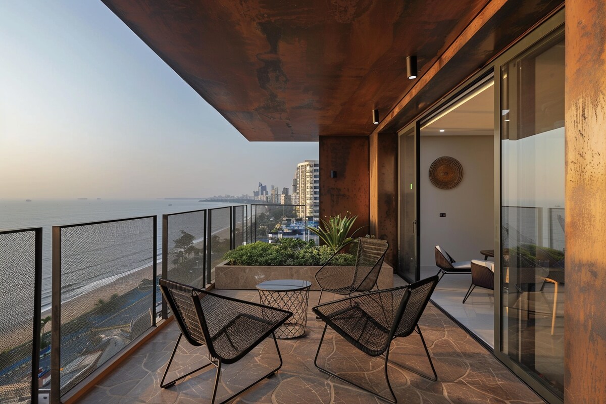 Minimal Closed Balcony Design In Brown With Black Metal Accent Chairs Minimal Closed Balcony Design In Brown With Black Metal Accent Chairs