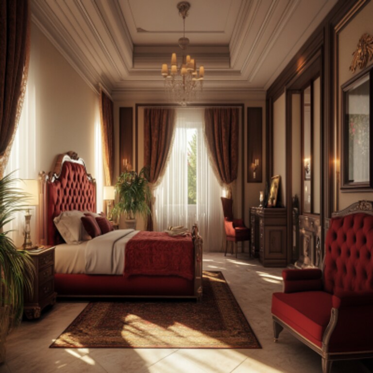 Classic Master Bedroom Design With Queen-Sized Bed And Red Seater