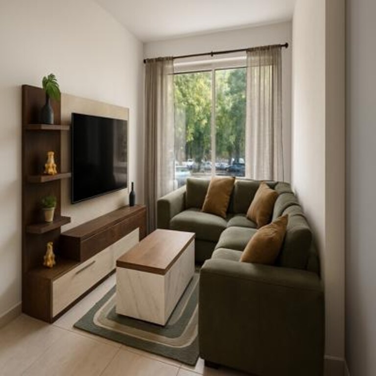 Compact Living Room Design with Green Corner Sofa and Wooden TV Unit