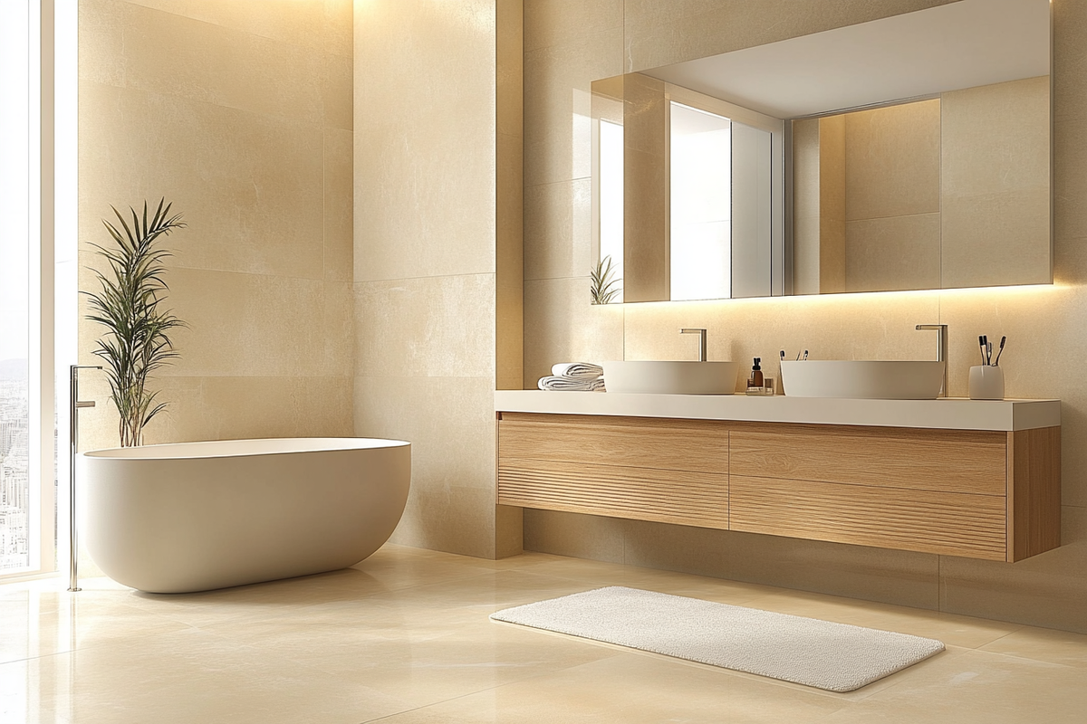 Contemporary Beige Bathroom Design With White Bathroom Counterop And Wooden Vanity Unit