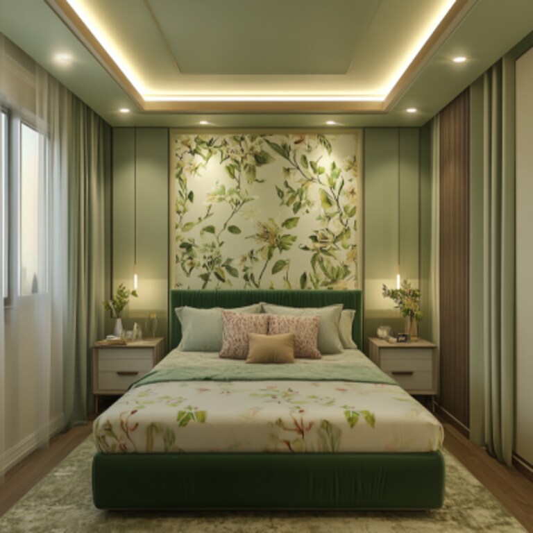 Rectangular Multilayered Bedroom Ceiling Design With Cove Lights And Green Floral Wallpaper Design