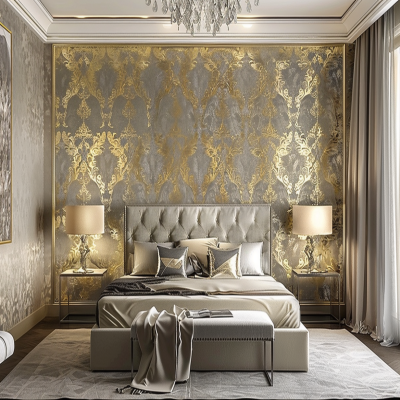 Modern Master Bedroom Design With Grey And Gold Damask Wallpaper