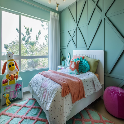 Contemporary Kids Room Design For Girls With Sea-Green Accent Wall And Geometric Wall Paneling