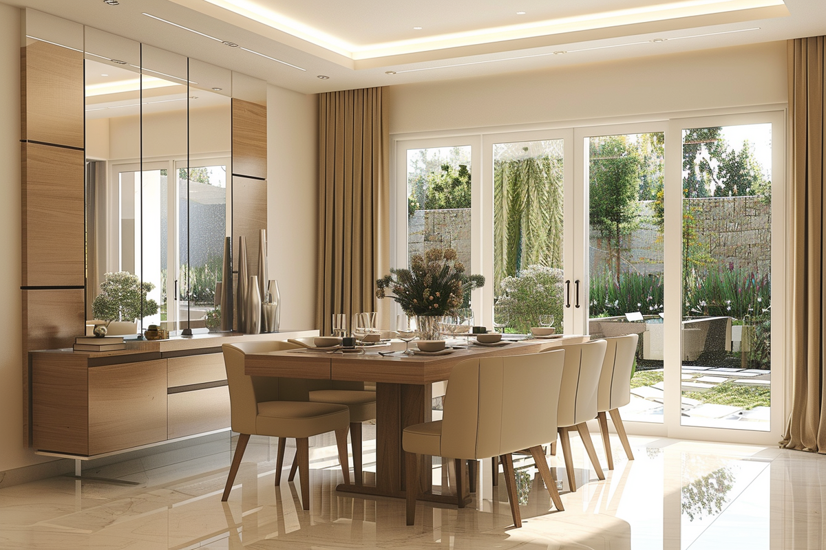 Modern 6-seater Beige And Wood Dining Room Design With Bevelled Mirror Panel